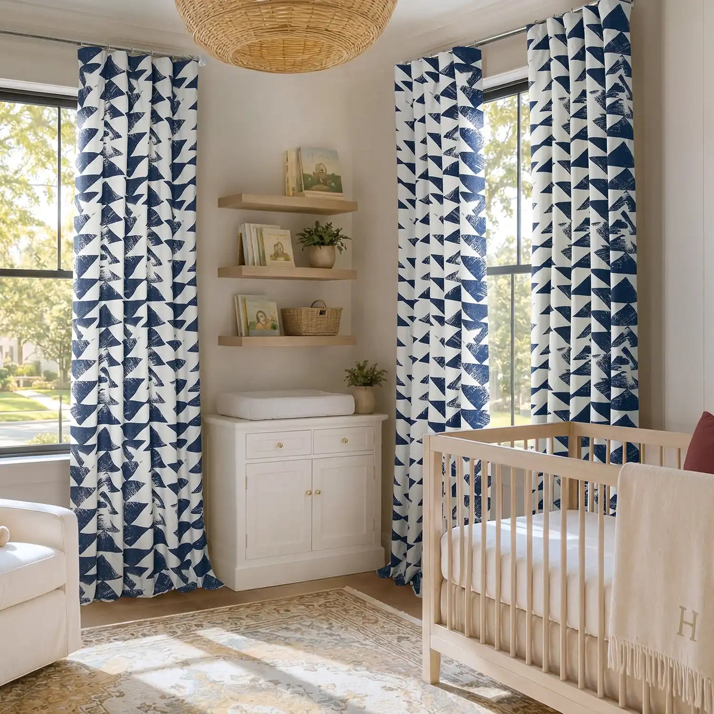 Triad Indigo Geometric Printed Cotton Custom Curtain