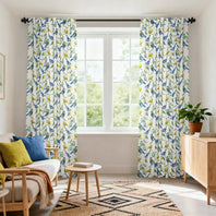 Songbird Blue Floral Dune Cotton Textured Printed Custom Curtain