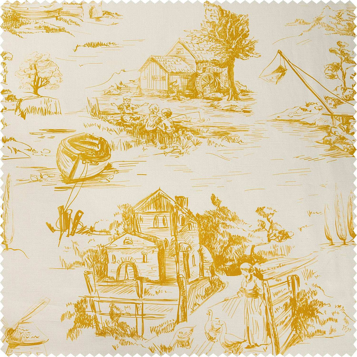 Windmill Toile Gold Floral Dune Cotton Textured Printed Swatch