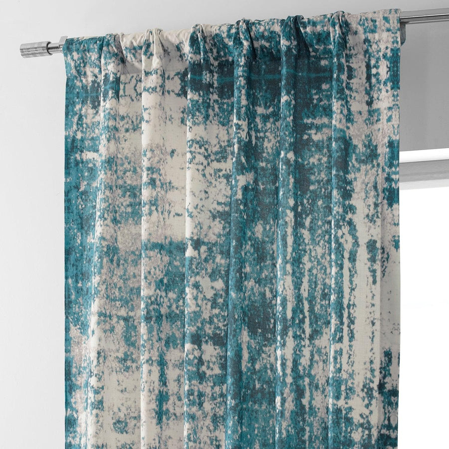 Ocean Blue Textured Printed Cotton Room Darkening Curtain - HalfPriceDrapes.com