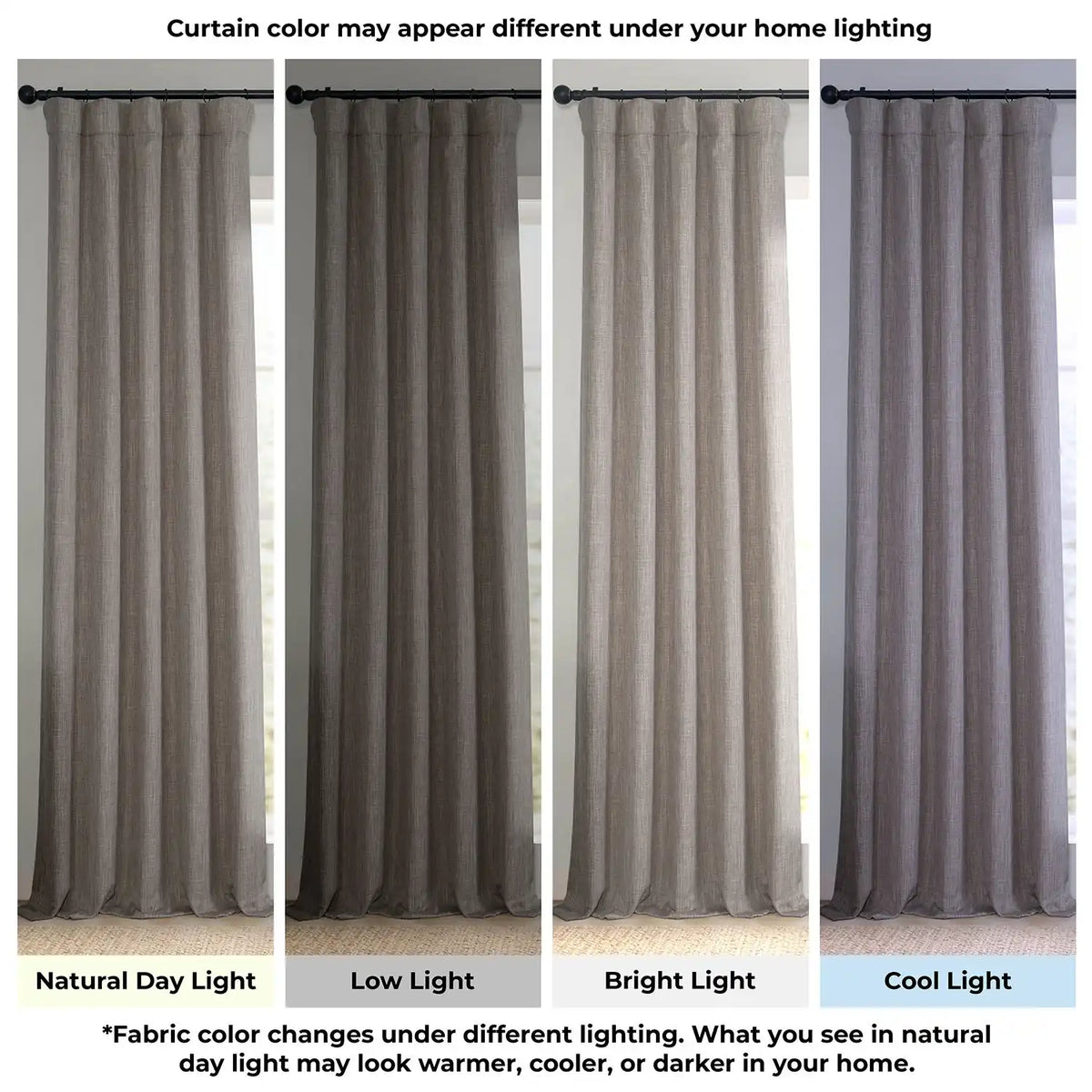 Set of four curtains shown under different lighting conditions to demonstrate color variation.