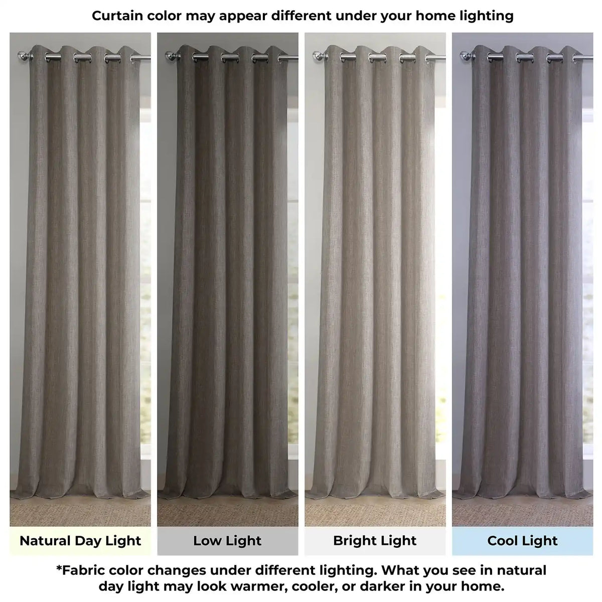 Set of four curtains shown under different lighting conditions to demonstrate color variation.