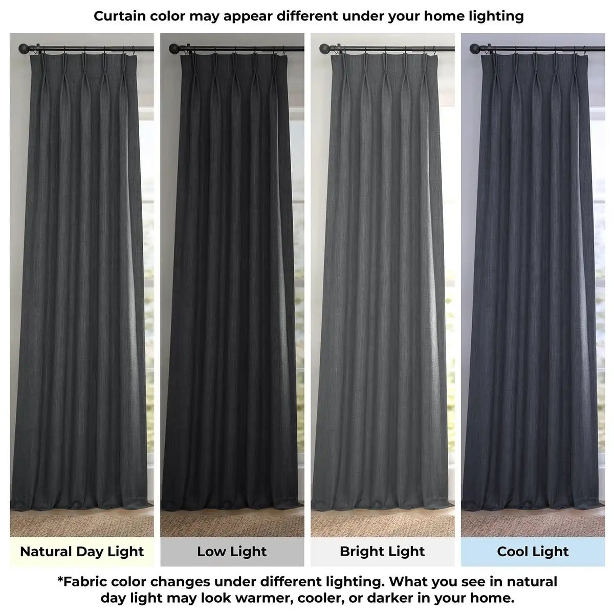 Dark Gravel Pinch Pleat Textured Faux Linen Room Darkening Curtain