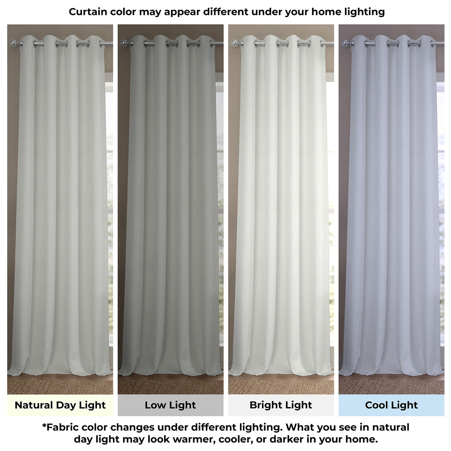 Set of four curtains shown under different lighting conditions to demonstrate color changes.