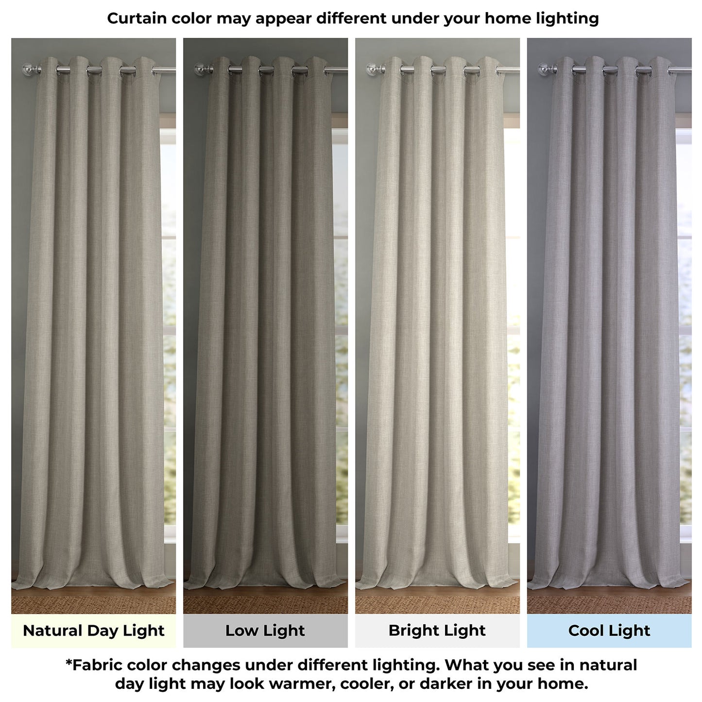 Set of four curtains shown under different lighting conditions to demonstrate color variation.