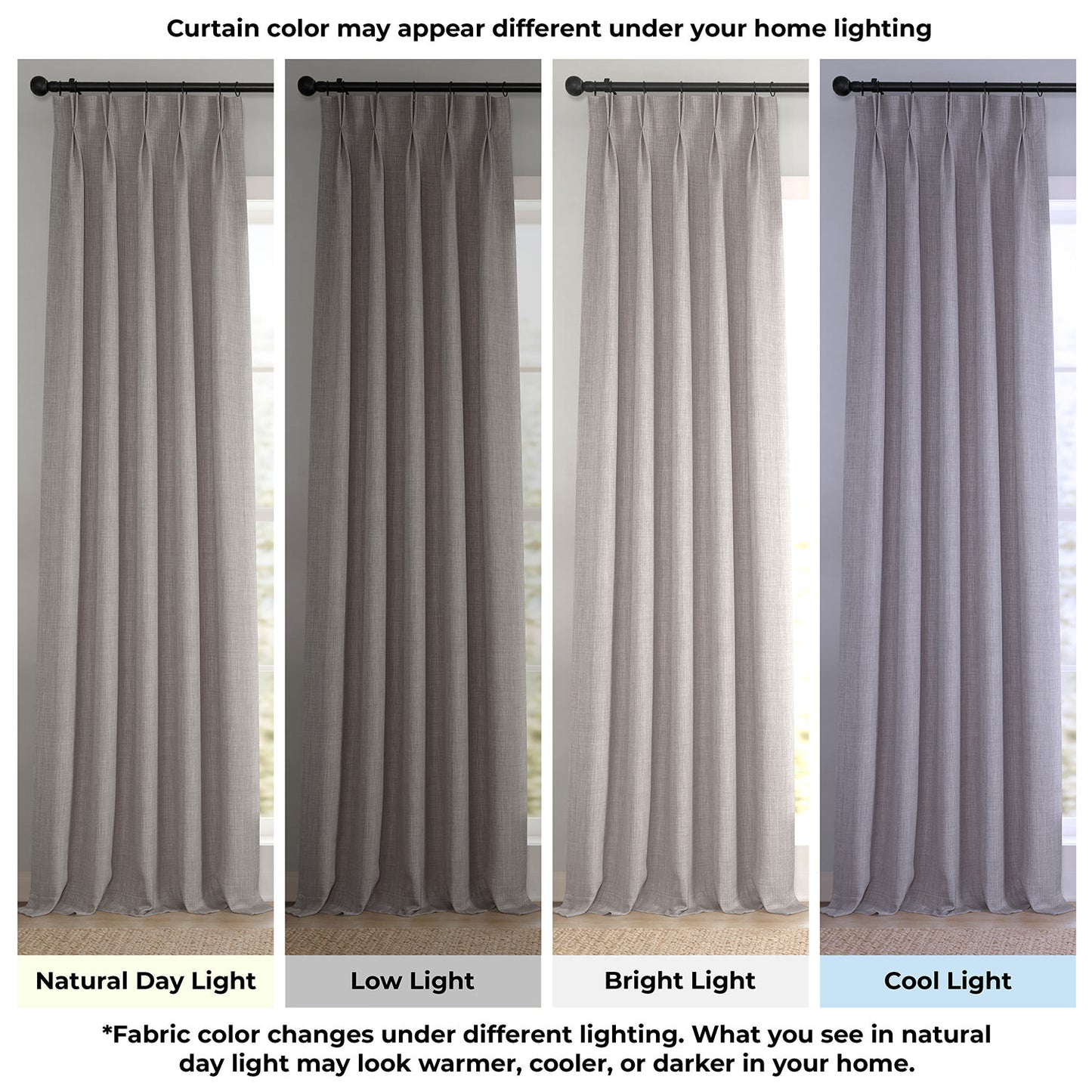Gray curtains shown under different lighting conditions to indicate color appearance changes.