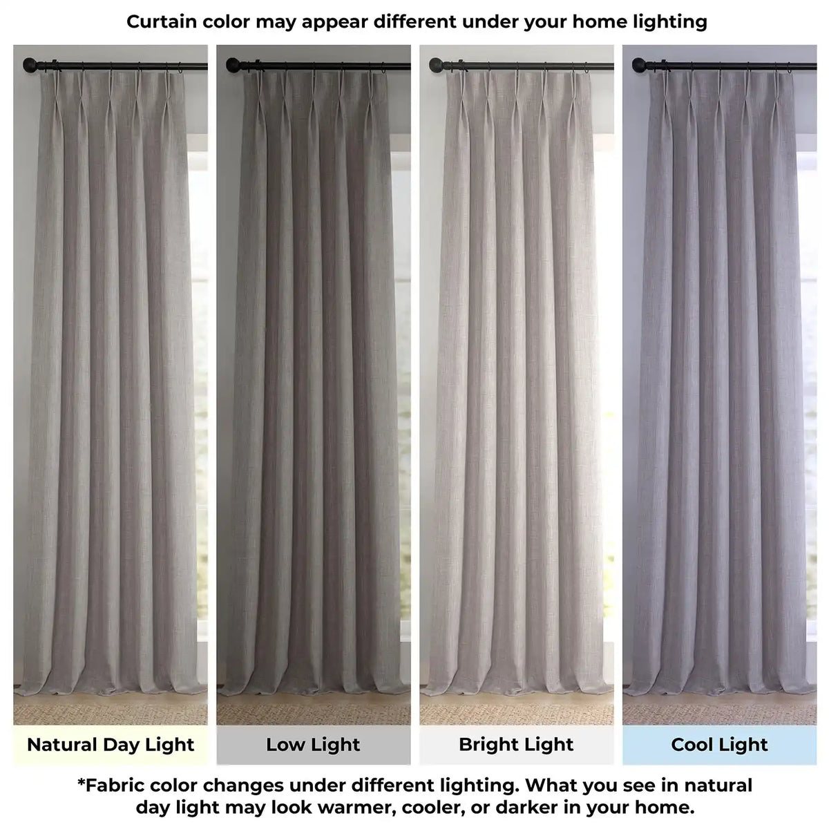 Gray curtains shown under different lighting conditions to indicate color appearance changes.