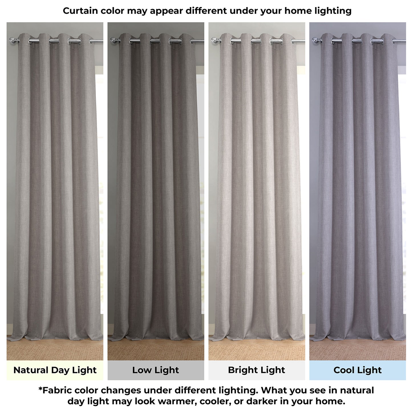 Gray curtains displayed under different lighting conditions to show color variation.