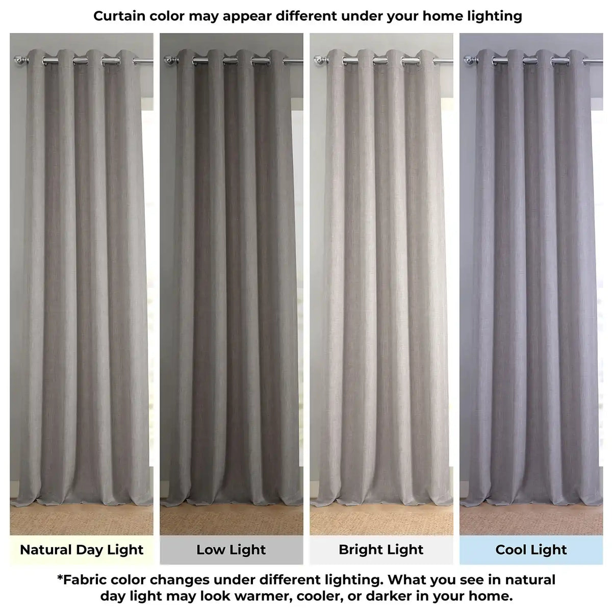 Gray curtains displayed under different lighting conditions to show color variation.