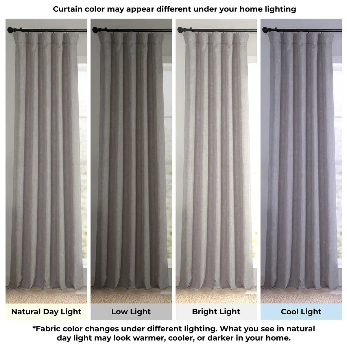 Gray curtains shown under different lighting conditions to indicate color variation.
