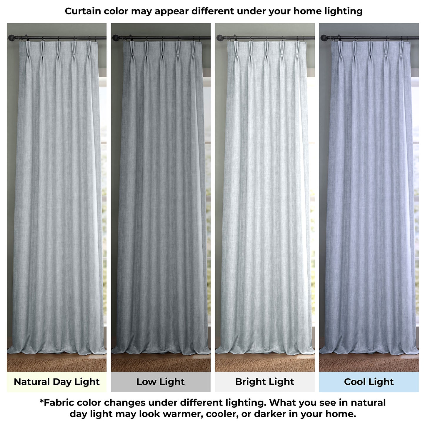 Curtain color swatch under different lighting conditions.