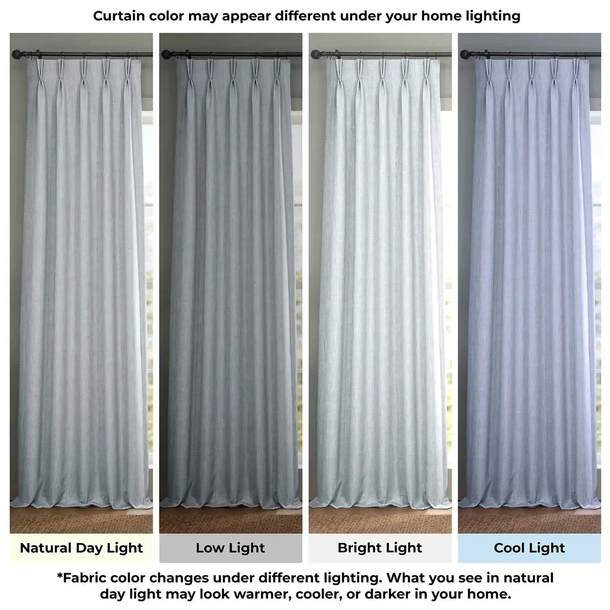 Curtain color swatch under different lighting conditions.