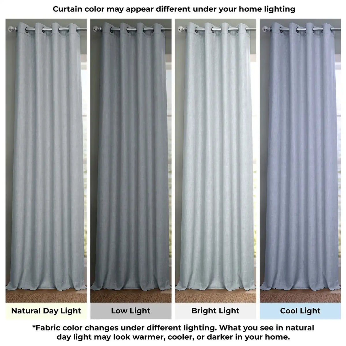 Set of four curtains shown in different lighting conditions with text indicating color appearance changes.