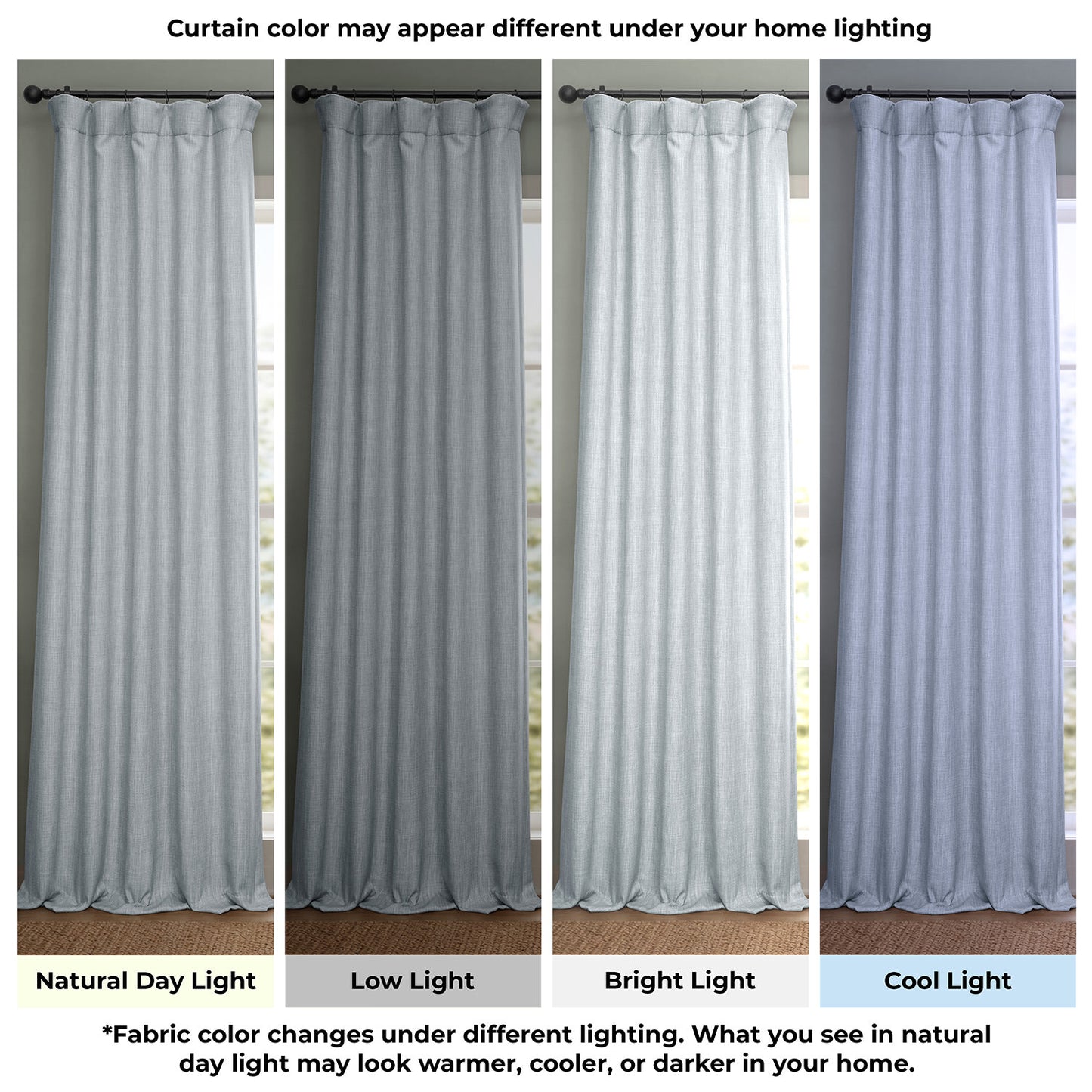 Set of four fabric samples showing how a curtain color appears under different lighting conditions.