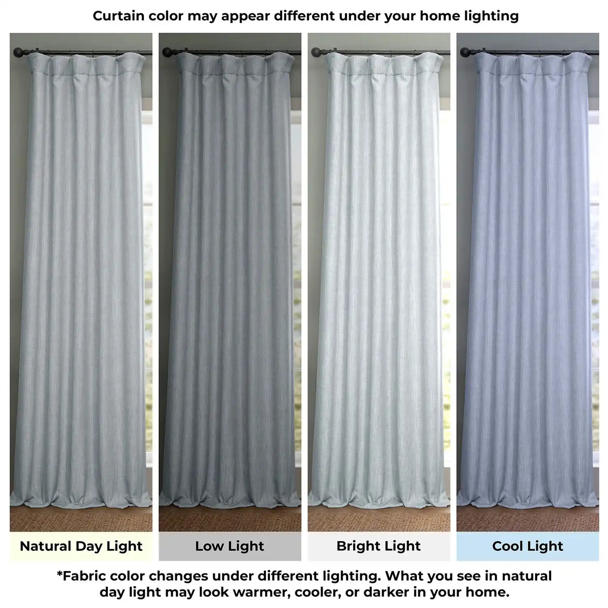 Set of four fabric samples showing how a curtain color appears under different lighting conditions.