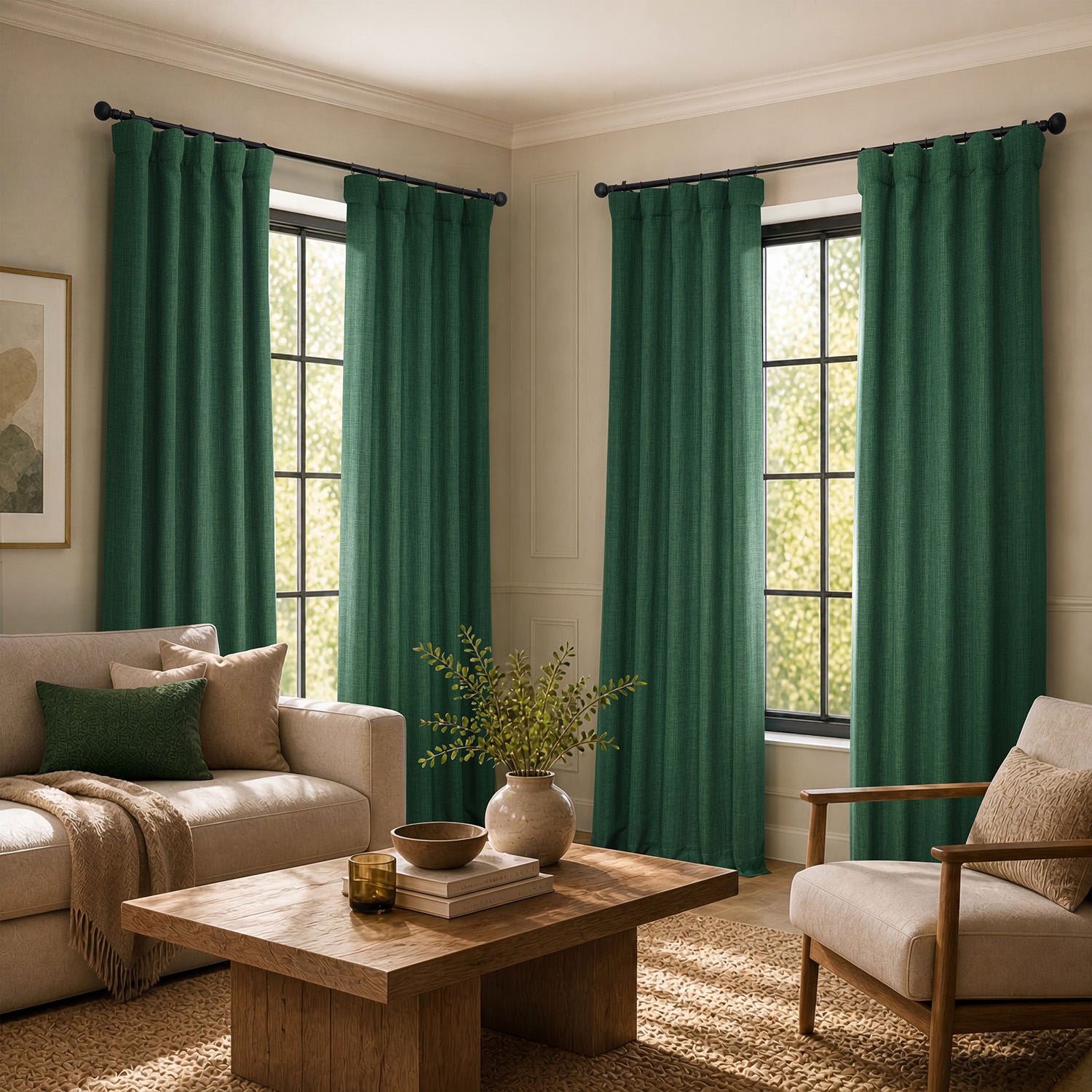 Key Green Textured Faux Linen Room Darkening Curtain | Half Price