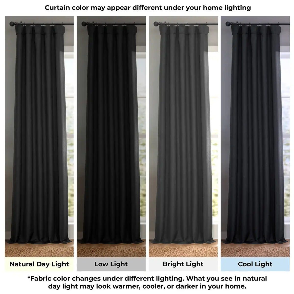 Essential Black Extra Wide Textured Faux Linen Room Darkening Curtain