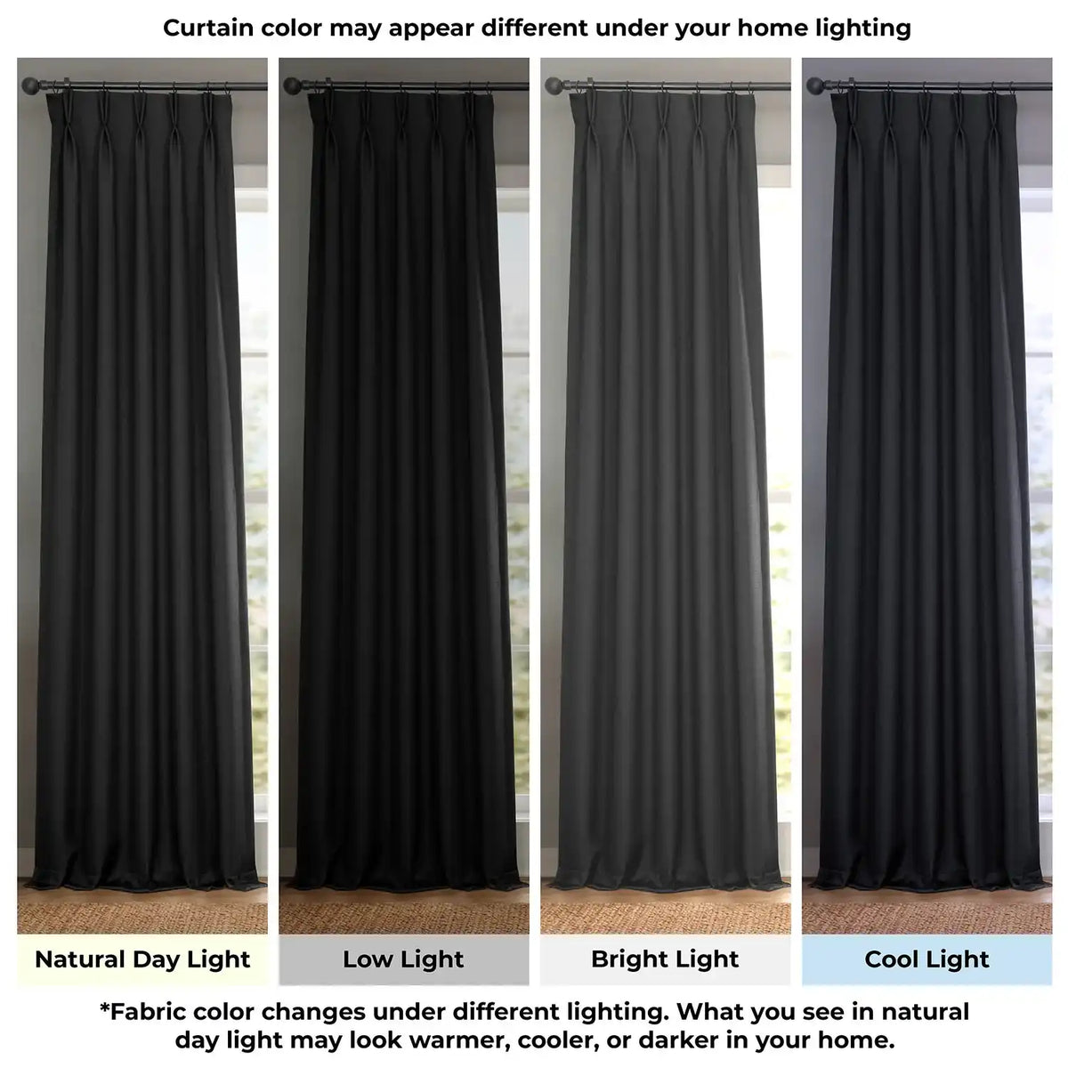 Essential Black Pinch Pleat Textured Faux Linen Room Darkening Curtain