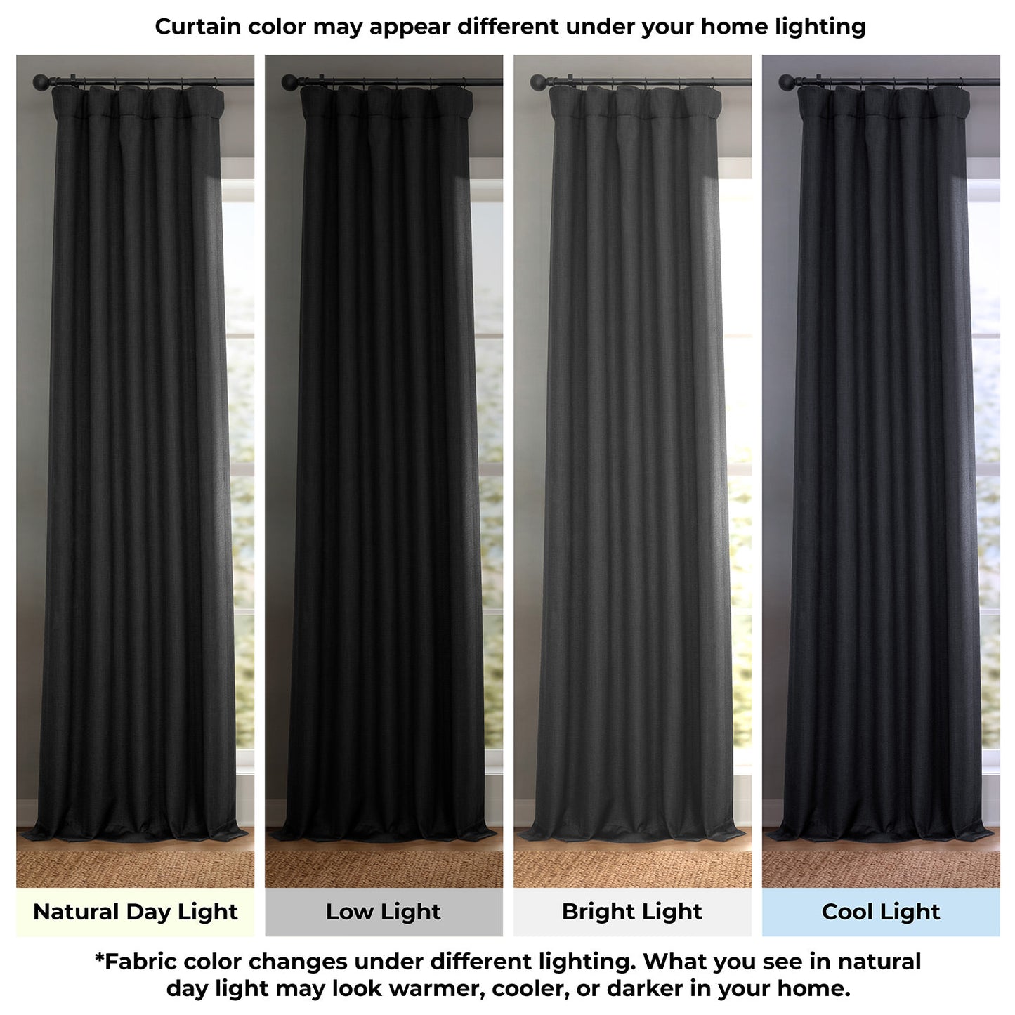Essential Black Textured Faux Linen Room Darkening Curtain