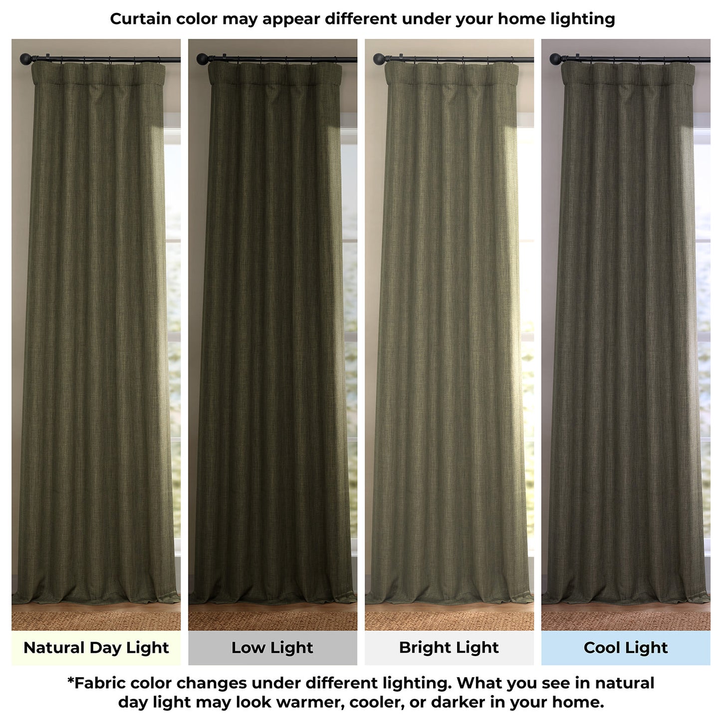 Khaki Green Extra Wide Textured Faux Linen Room Darkening Curtain