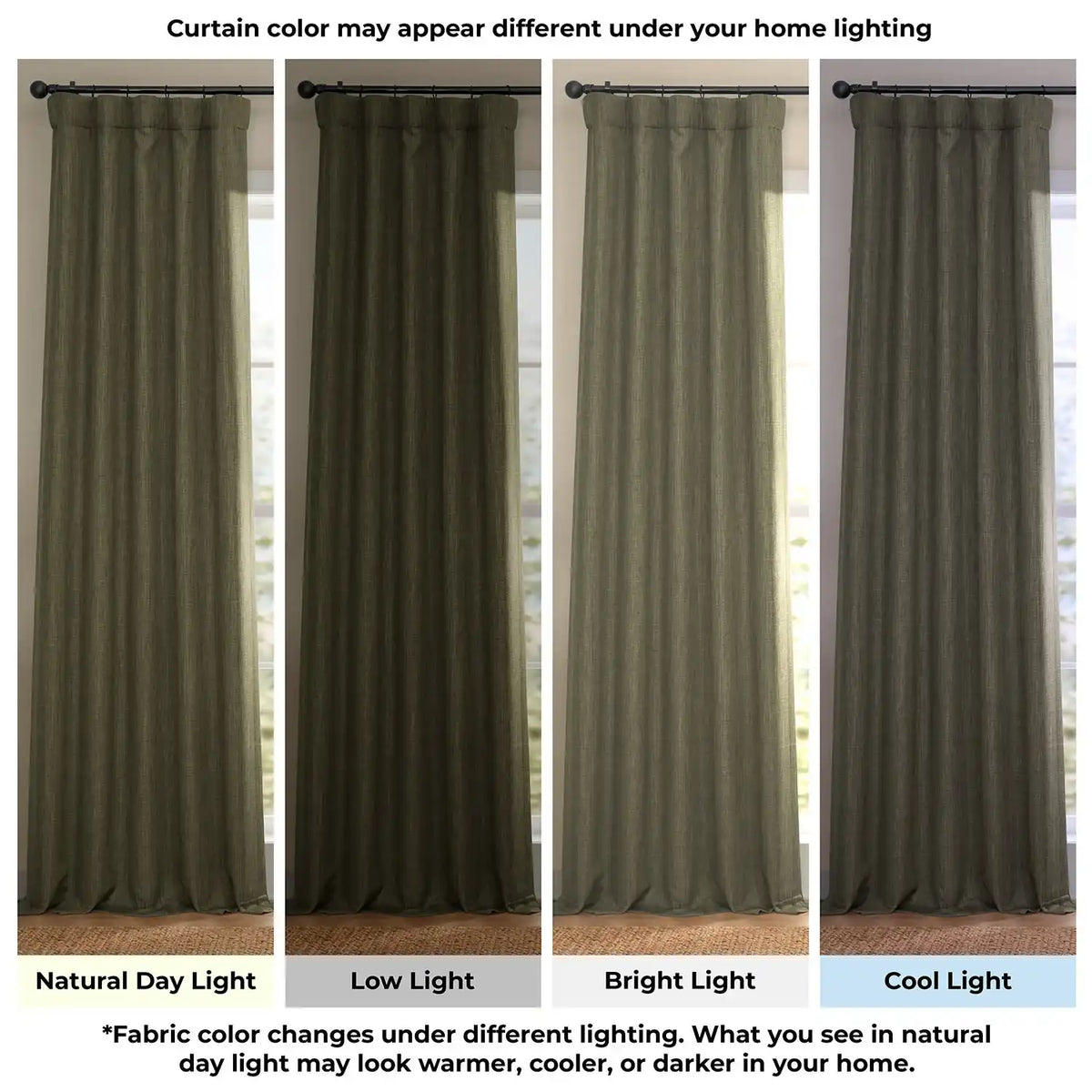 Khaki Green Extra Wide Textured Faux Linen Room Darkening Curtain