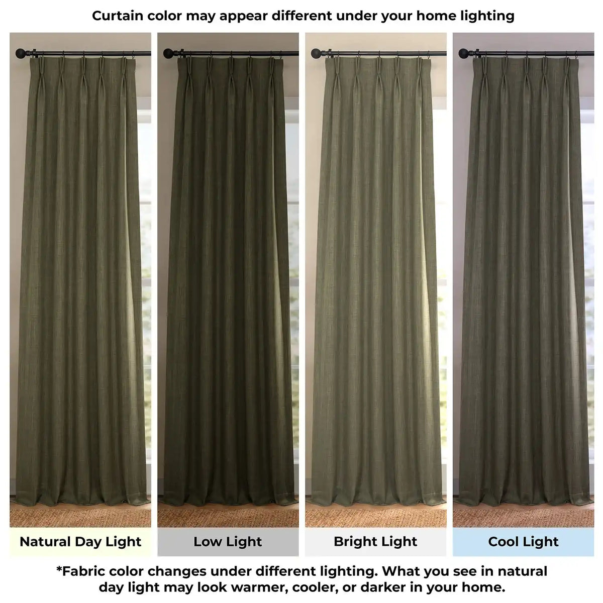Khaki Green Pinch Pleat Textured Faux Linen Room Darkening Curtain