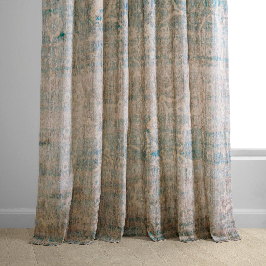 River Teal Blue Textured Printed Cotton Light Filtering Curtain - HalfPriceDrapes.com