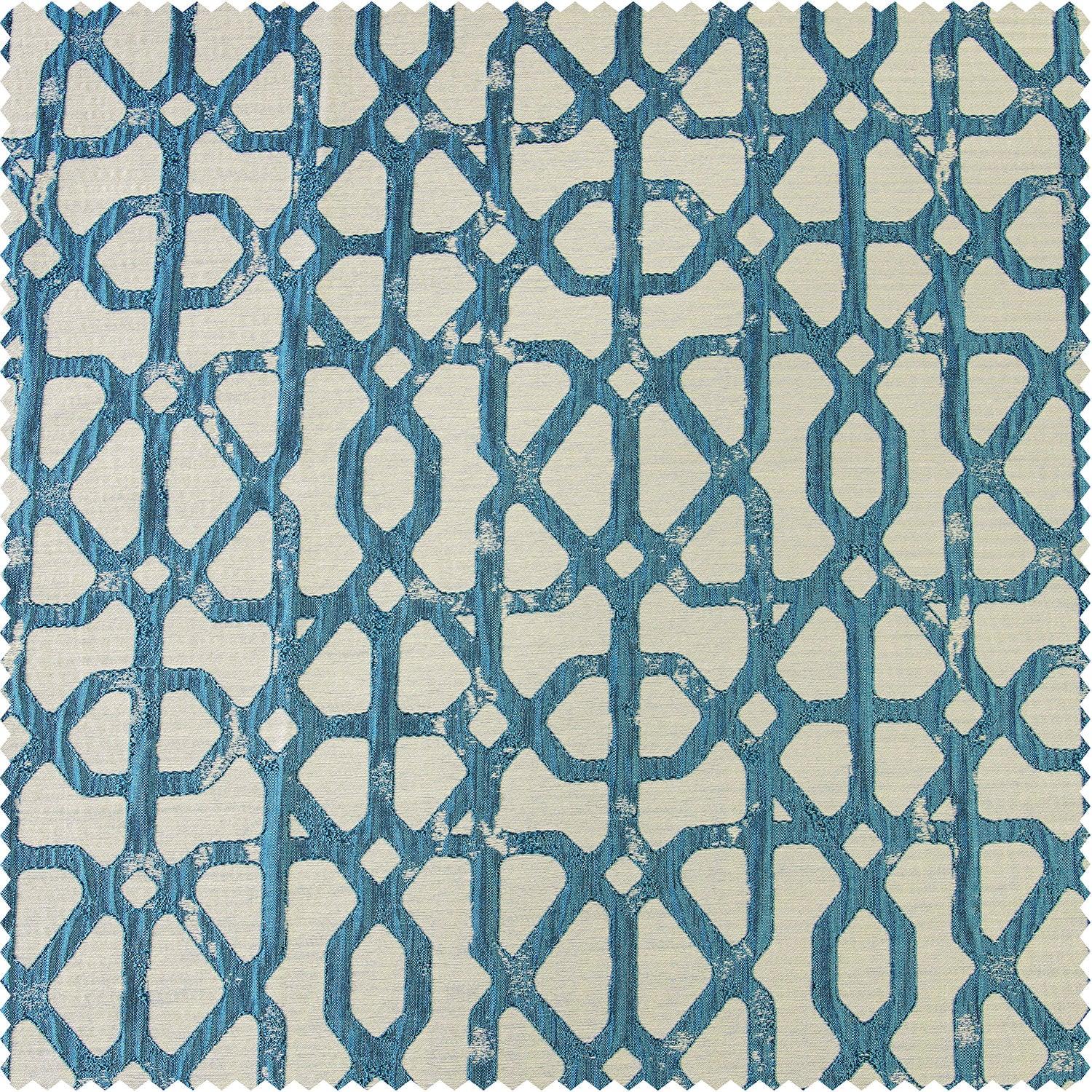 Metro Teal Blue Geometric Faux Silk Jacquard Room Darkening Curtain