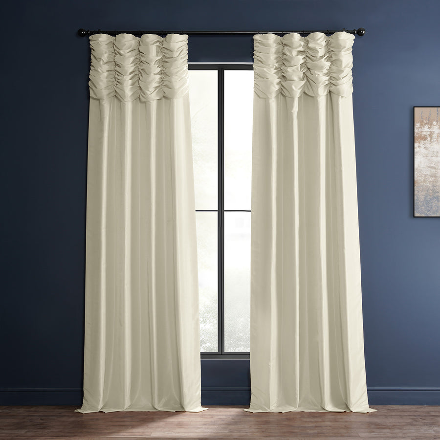 Off White Ruched Vintage Textured Faux Dupioni Silk Curtain