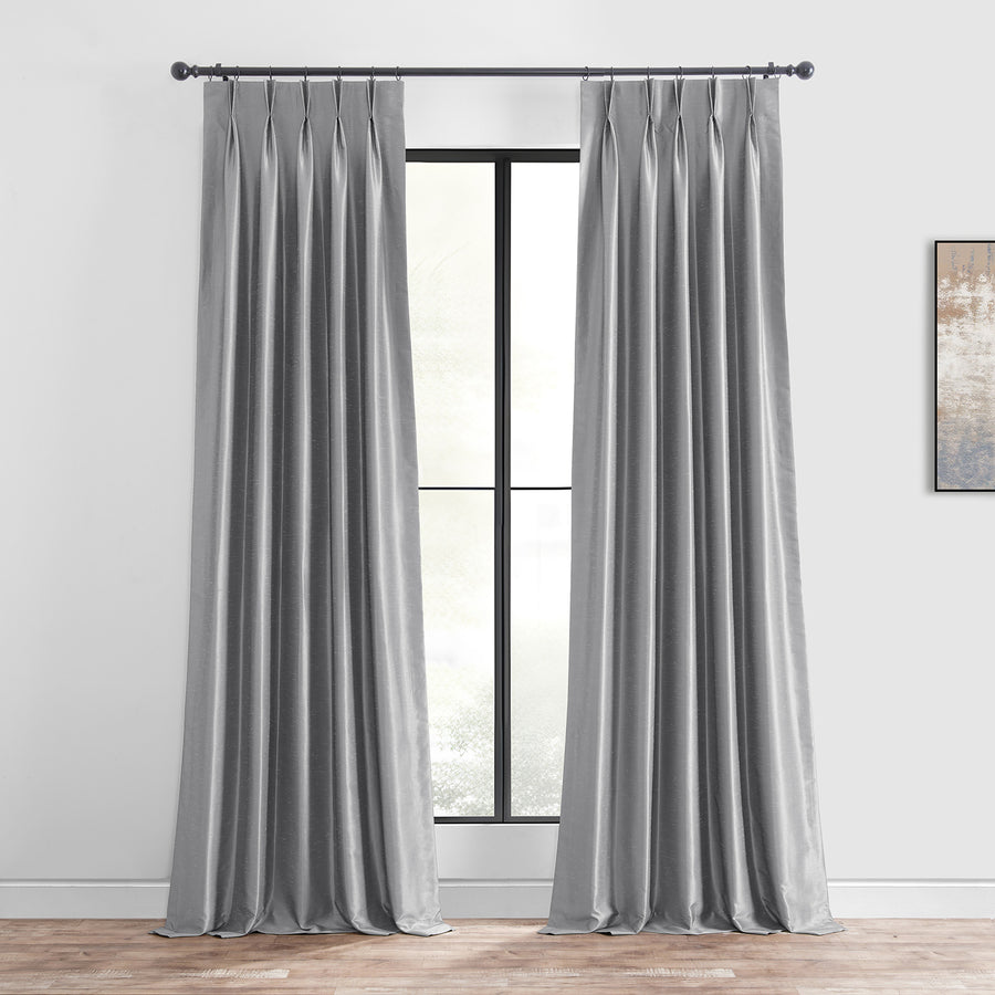 Storm Grey French Pleat Vintage Textured Faux Dupioni Silk Blackout Curtain