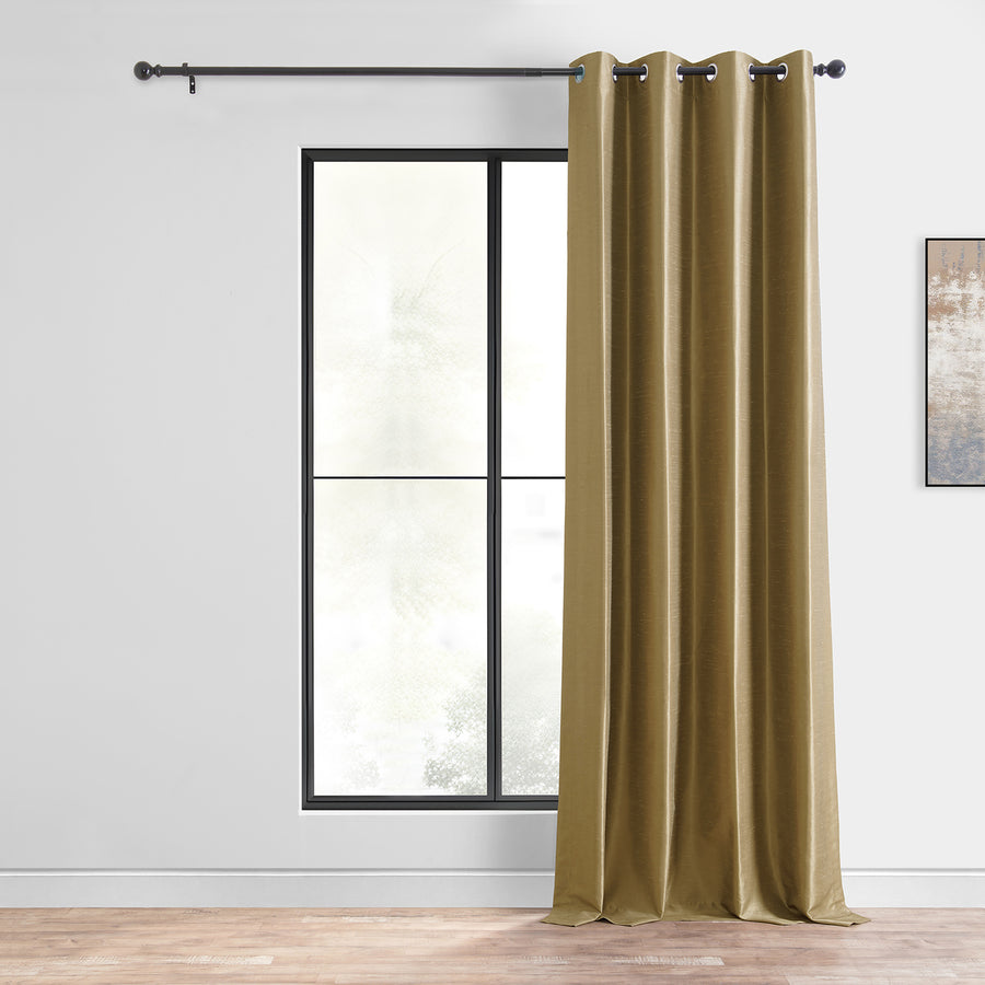 Flax Gold Grommet Vintage Textured Faux Dupioni Silk Blackout Curtain