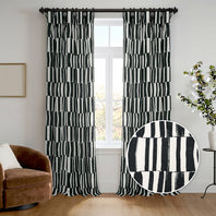 Brushstroke Black Striped Artisan Bloom Printed Cotton Twill Room Darkening Curtain