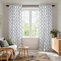 Ikat Wave Indigo Geometric Artisan Bloom Printed Cotton Twill Custom Curtain