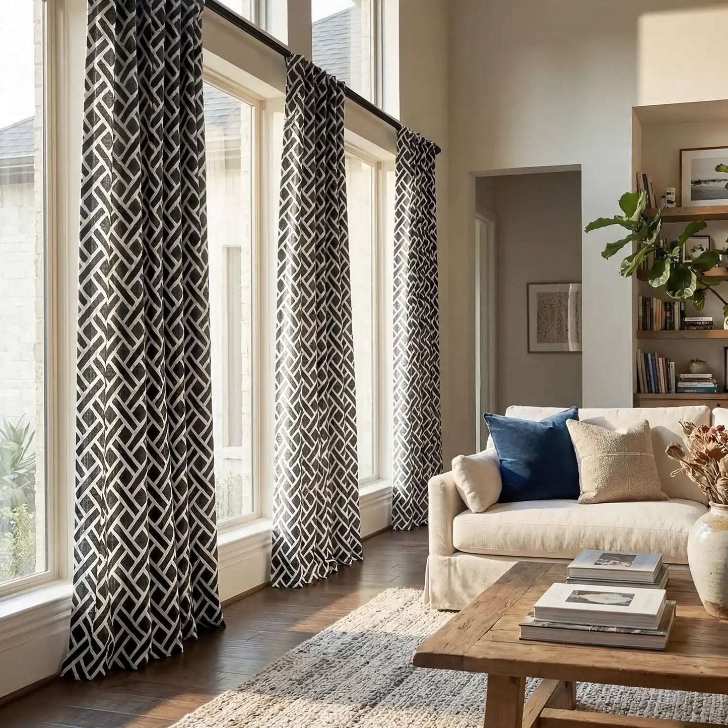 Martinique Black Geometric Printed Cotton Custom Curtain