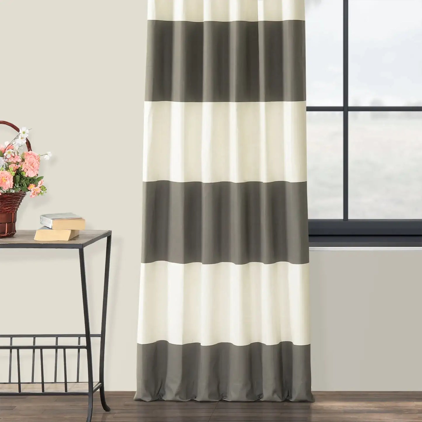 Slate Grey & Off White Horizontal Striped Printed Cotton Custom Curtain