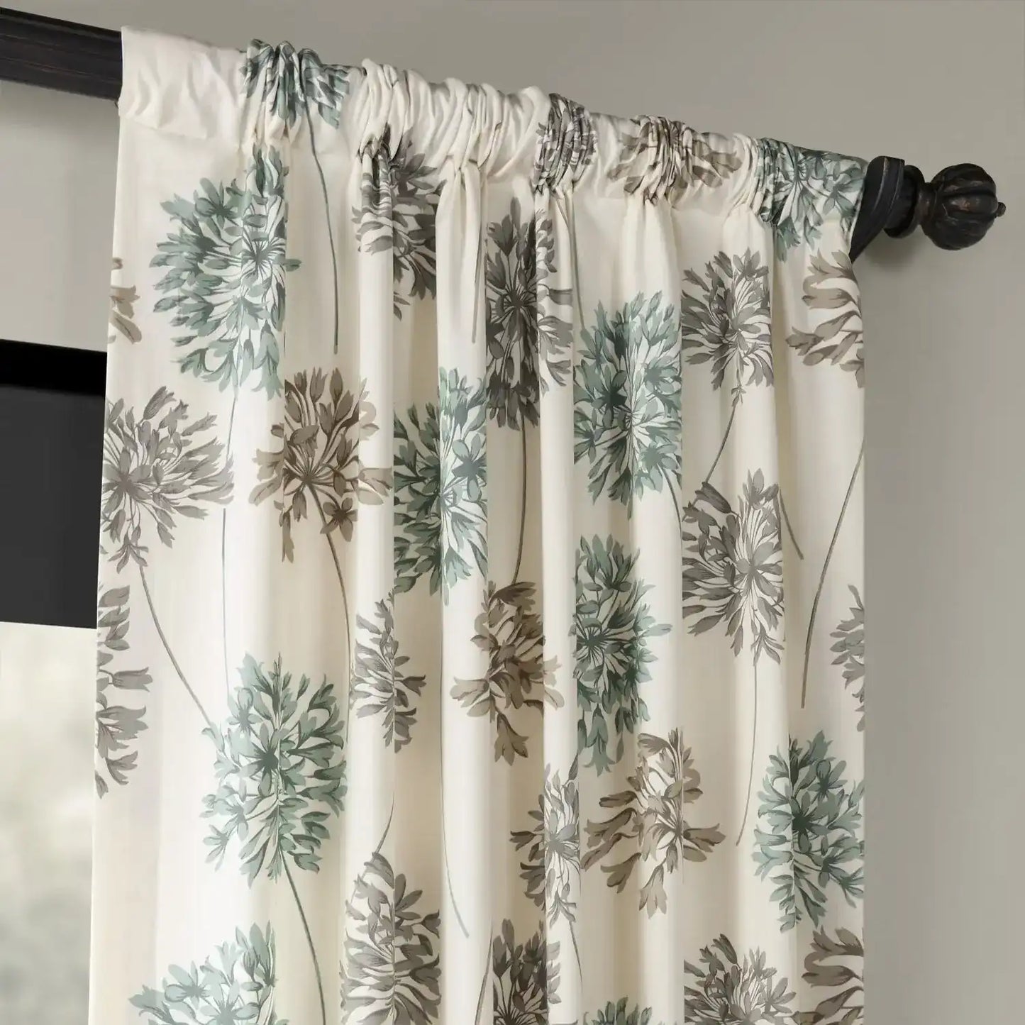 Allium Blue Grey Floral Printed Cotton Custom Curtain
