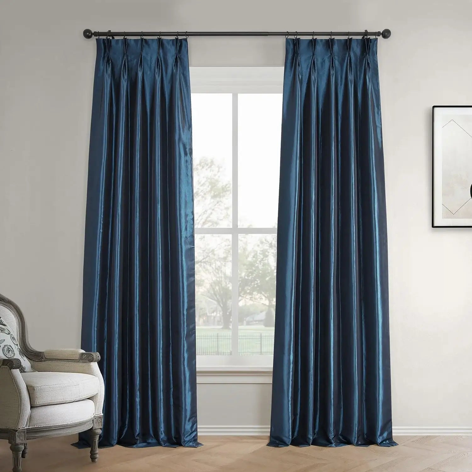 Navy Blue Pinch Pleat Faux Silk Taffeta Blackout Curtain | Half