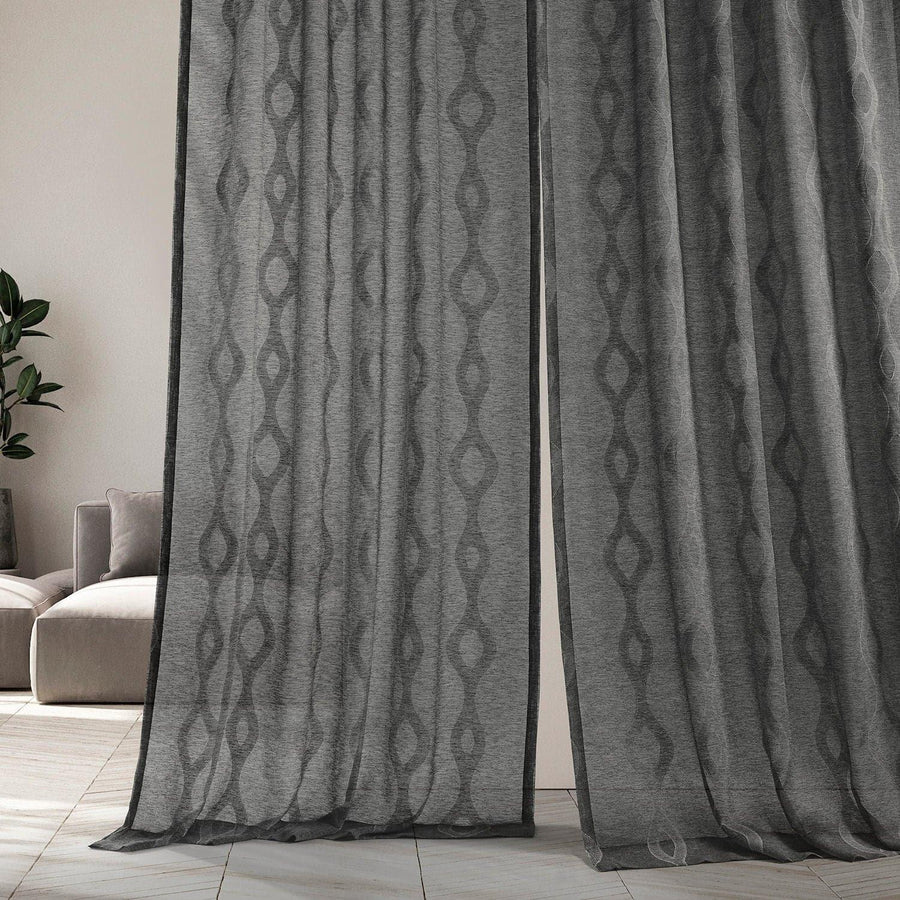 Vega Charcoal Patterned Faux Linen Sheer Curtain - HalfPriceDrapes.com