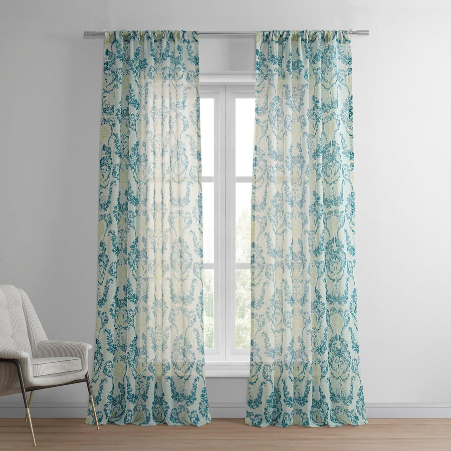 Terrace Teal Printed Sheer Curtain - HalfPriceDrapes.com