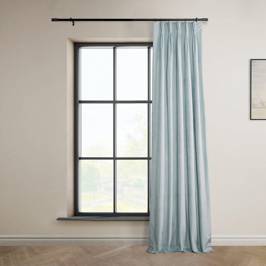 Aquarius Blue French Pleat Heritage Plush Velvet Room Darkening Curtain