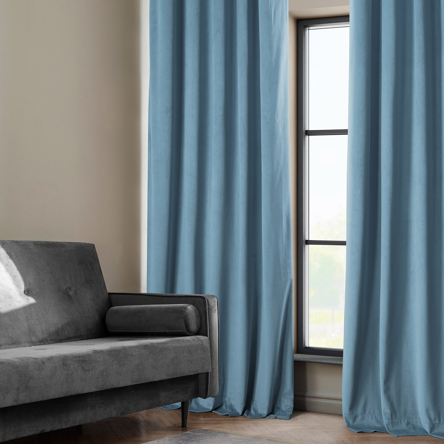 Light Blue Heritage Plush Velvet Custom Curtain