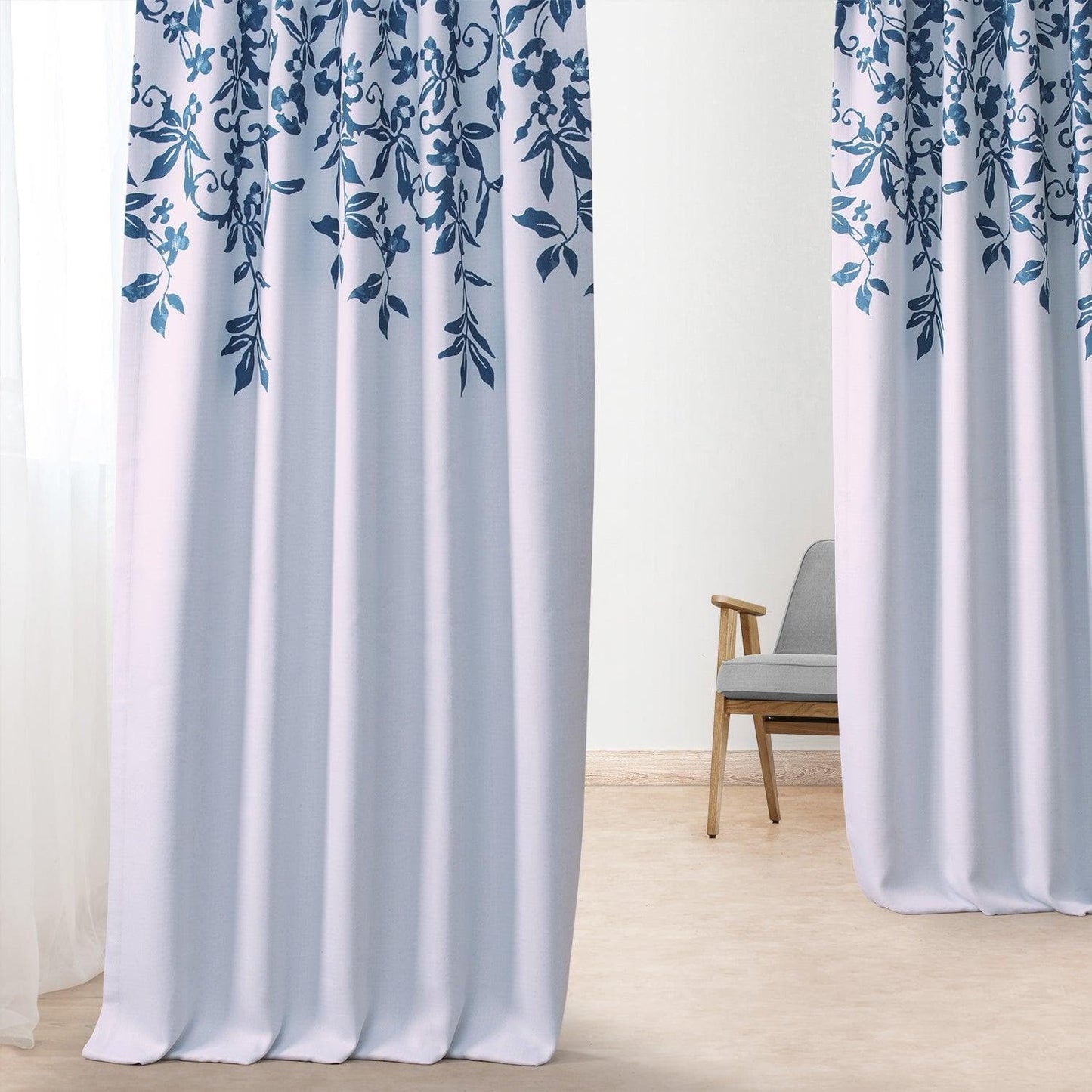Temple Garden Blue Printed Faux Linen Room Darkening Curtain - HalfPriceDrapes.com