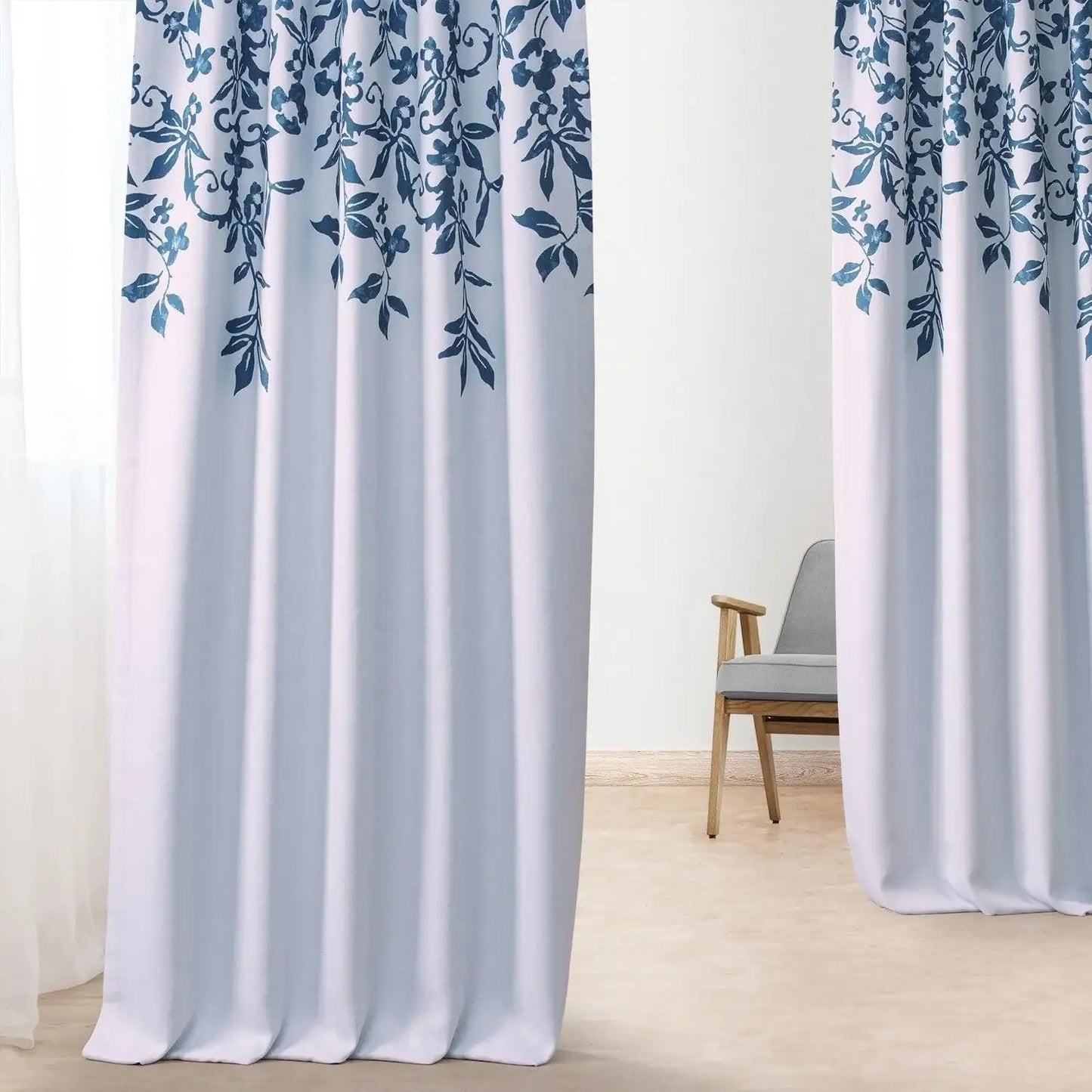 Temple Garden Blue Printed Faux Linen Room Darkening Curtain - HalfPriceDrapes.com