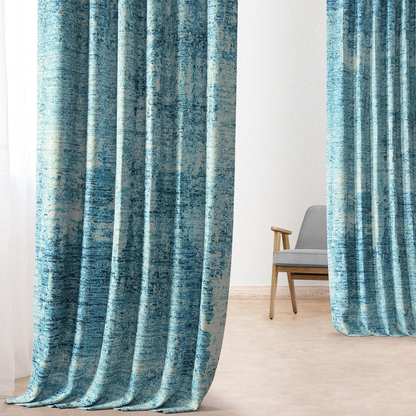 Strata Blue Printed Faux Linen Room Darkening Curtain - HalfPriceDrapes.com