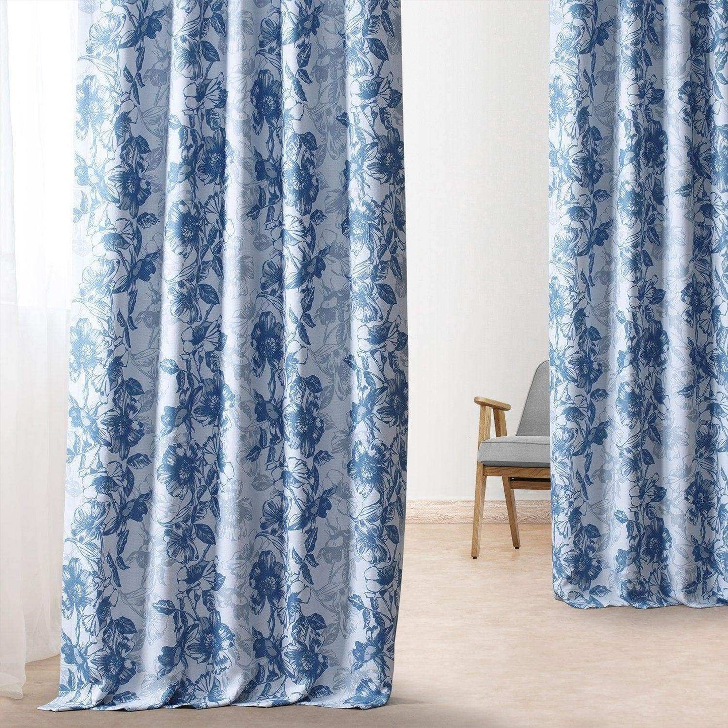 Blue Poppy Printed Faux Linen Room Darkening Curtain - HalfPriceDrapes.com