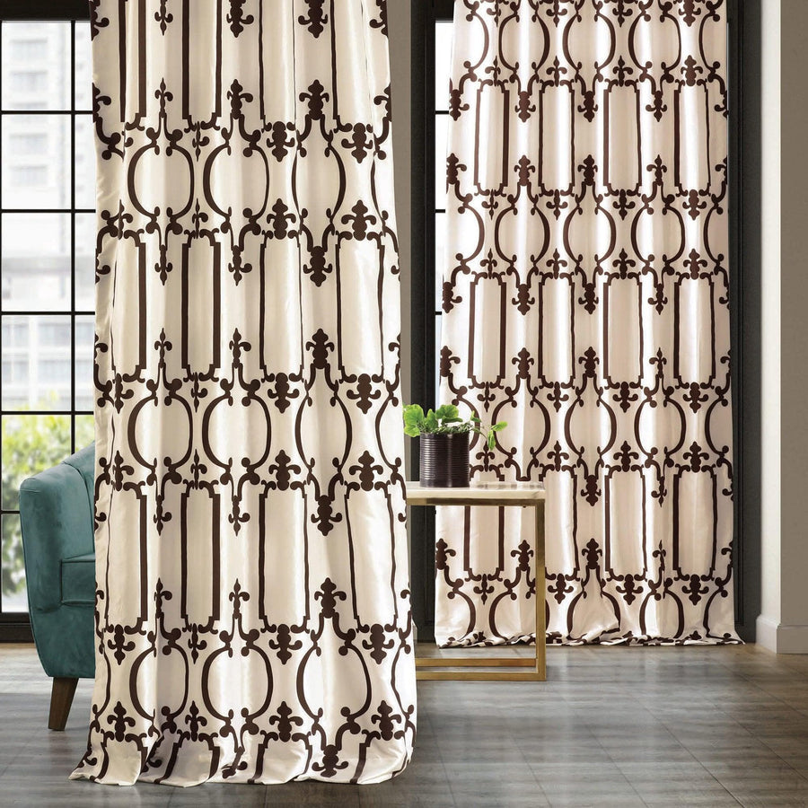 Royal Gate Off White & Brown Designer Flocked Custom Curtain - HalfPriceDrapes.com