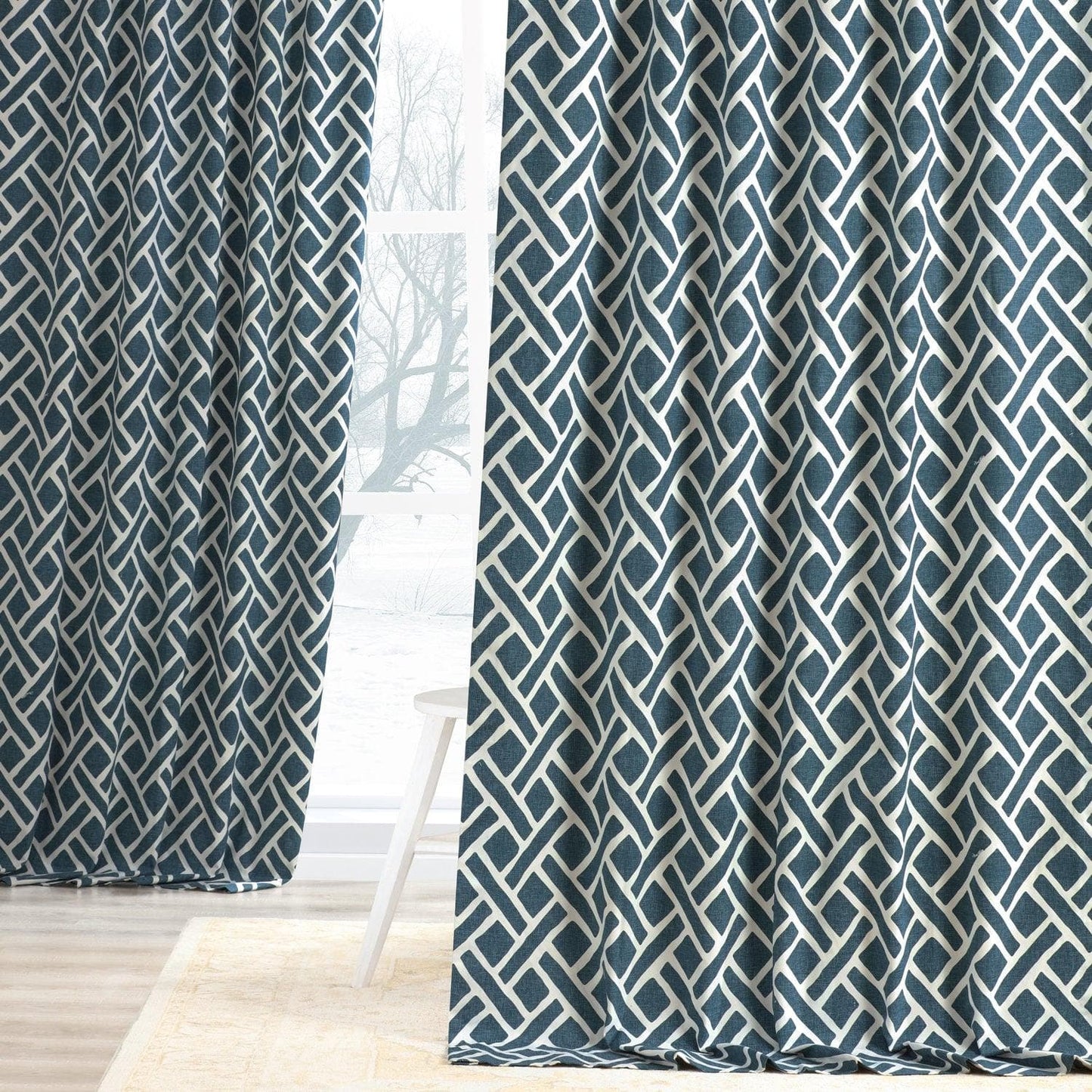 Martinique Blue Printed Cotton Curtain - HalfPriceDrapes.com
