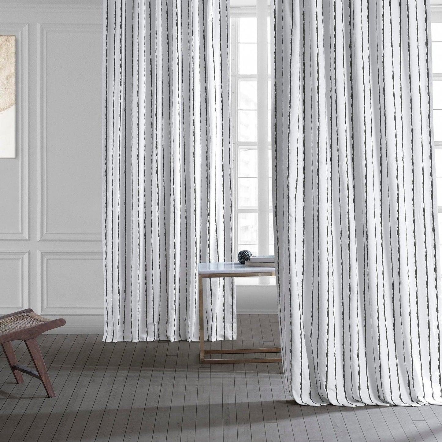 Sharkskin Black Striped Printed Cotton Curtain - HalfPriceDrapes.com