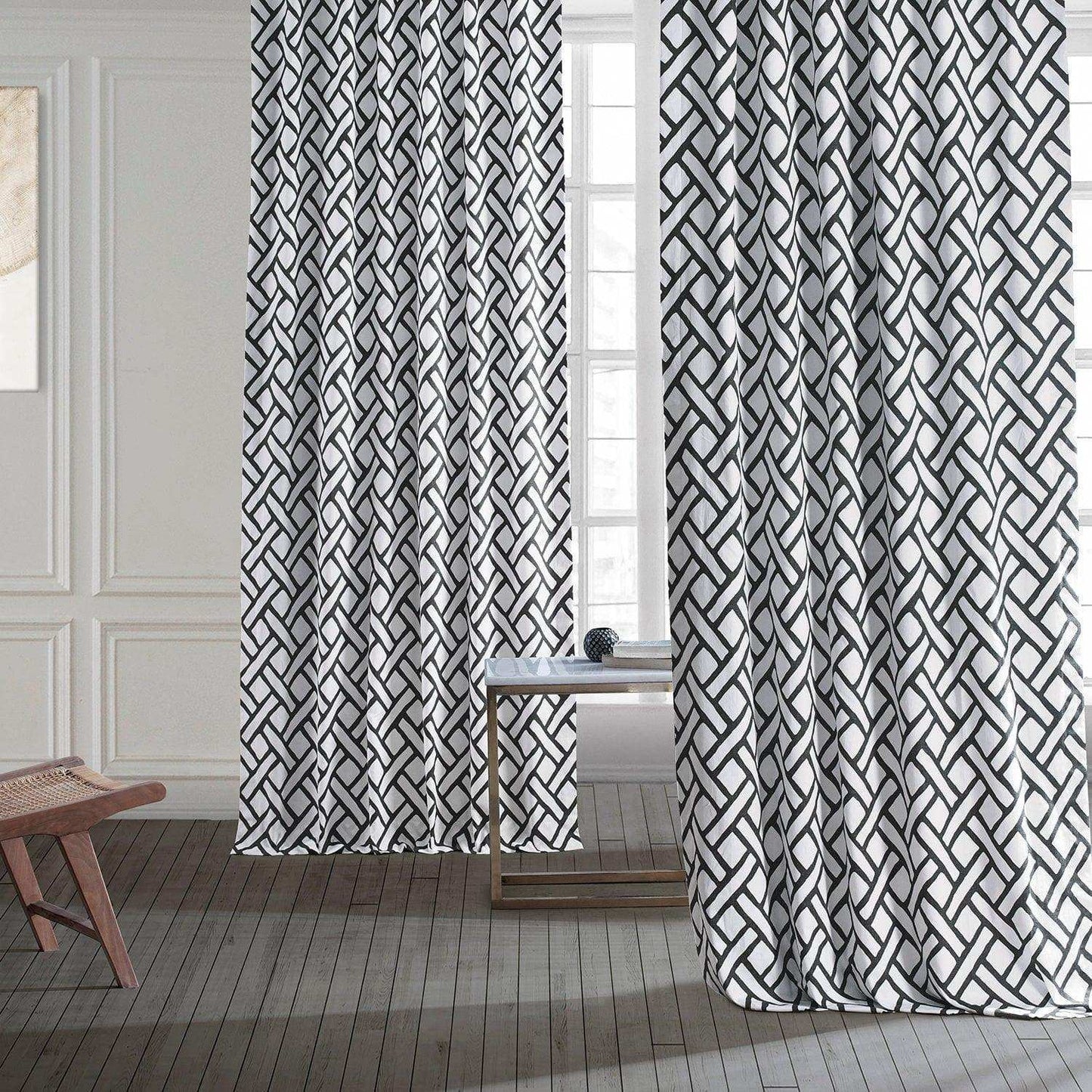 Garden Path Black Printed Cotton Curtain - HalfPriceDrapes.com