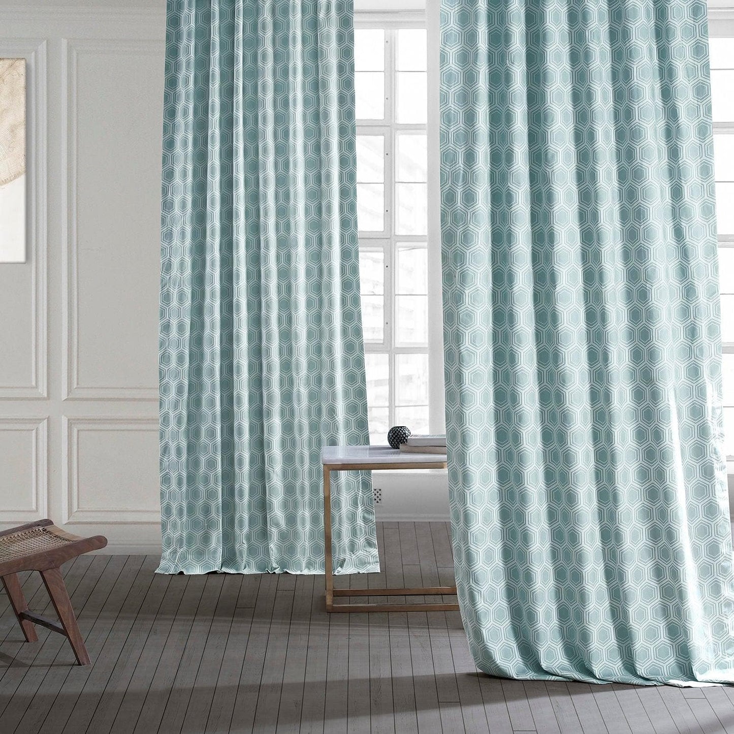 Honeycomb Ripple Aqua Printed Cotton Curtain - HalfPriceDrapes.com